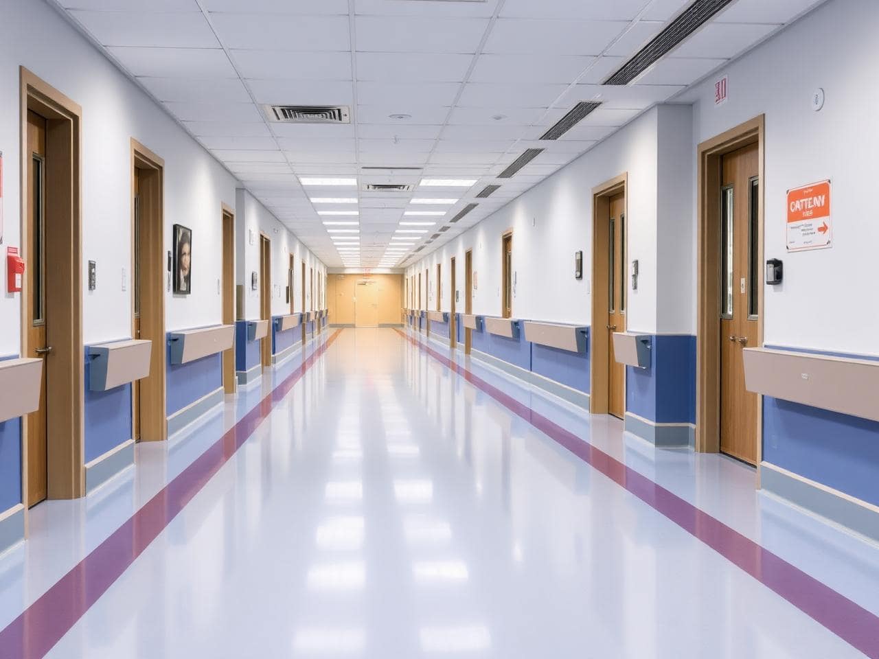 Slip-resistant vinyl flooring in a Dubai hospital corridor