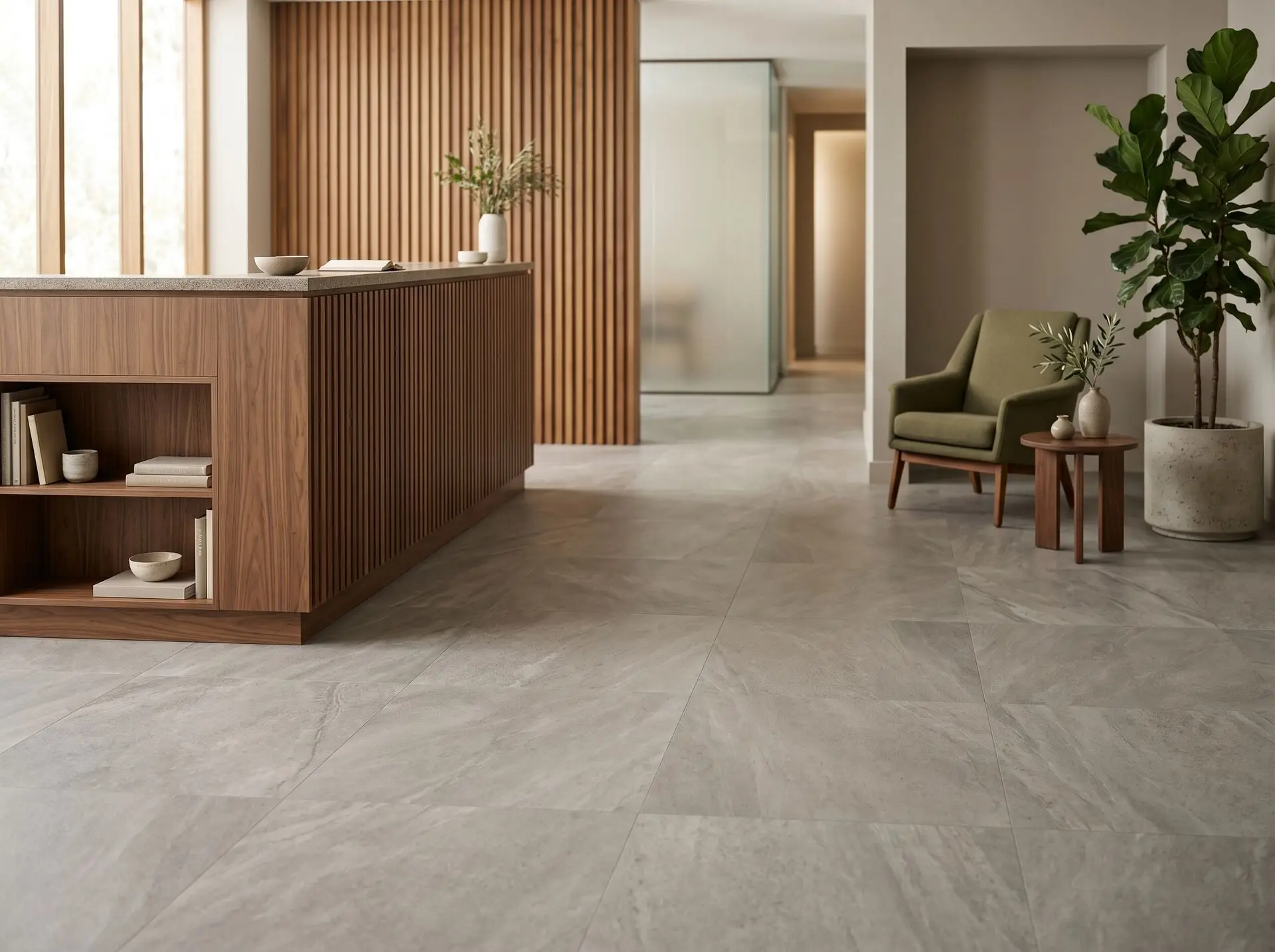 Large-format luxury vinyl flooring in an upscale Dubai office reception
