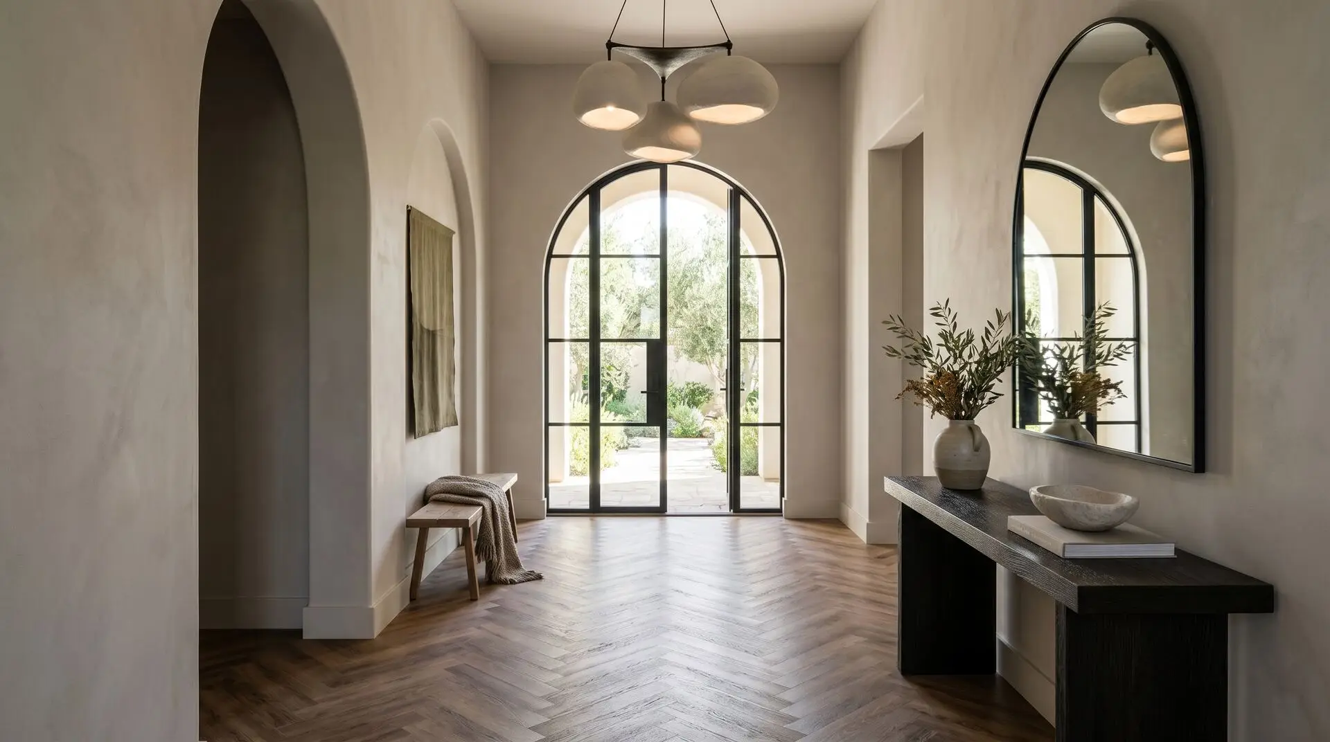 Herringbone wood-look luxury vinyl flooring in a luxury villa entrance hallway