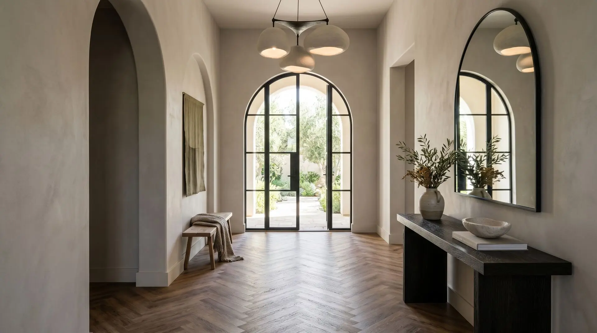 Herringbone wood-look luxury vinyl flooring in a luxury villa entrance hallway
