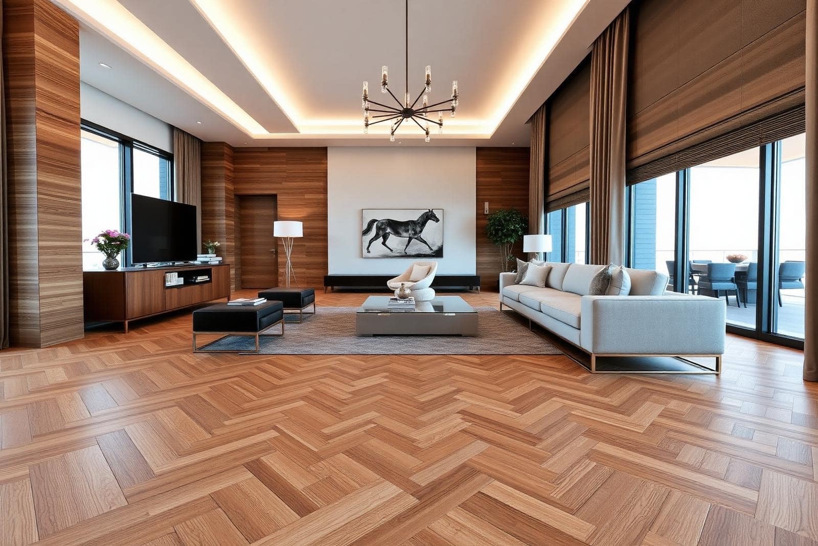 Herringbone LVT wood-look flooring in a luxury Dubai villa living room