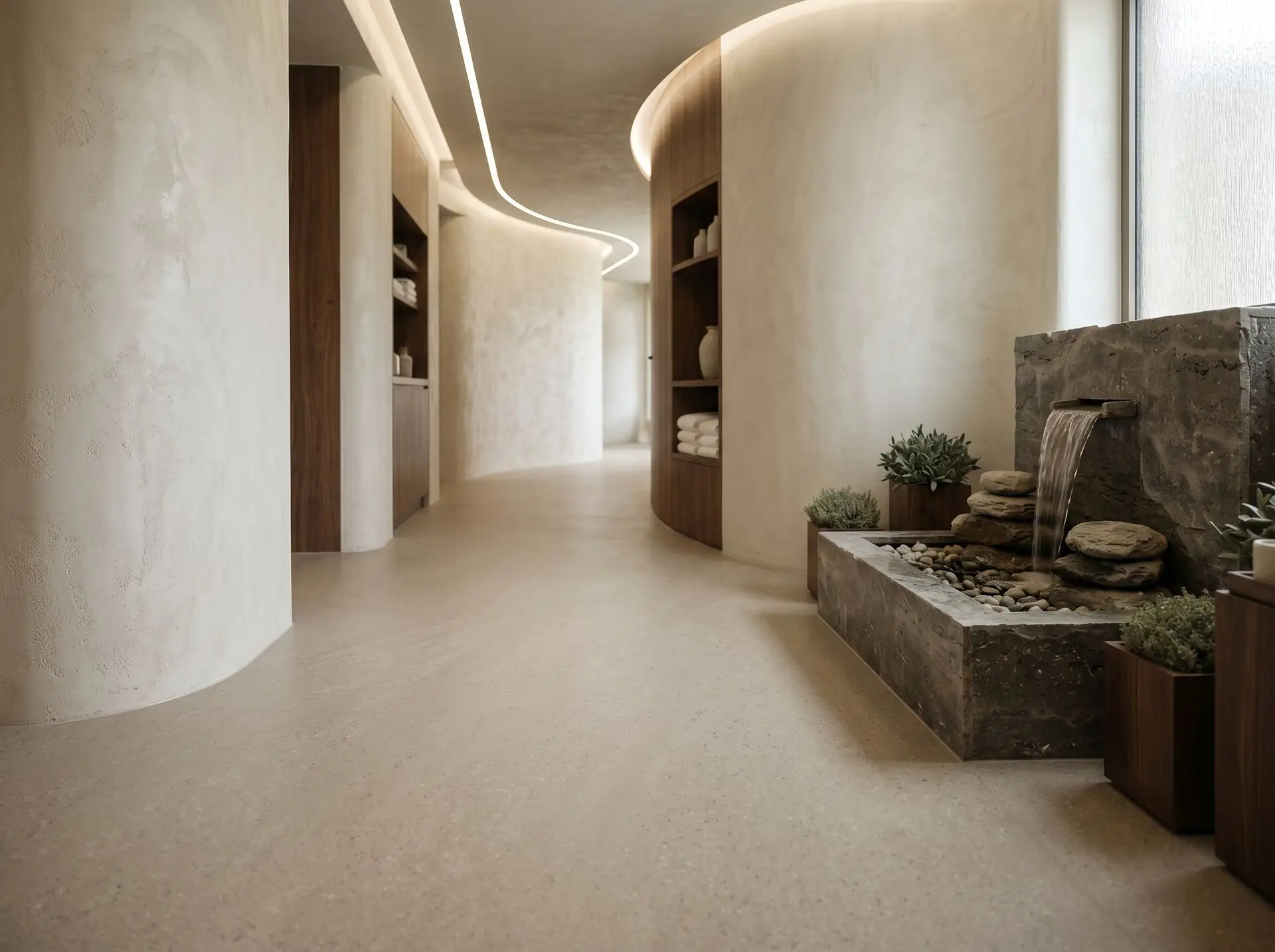 Seamless welded commercial vinyl flooring in a luxury hotel spa corridor in Dubai