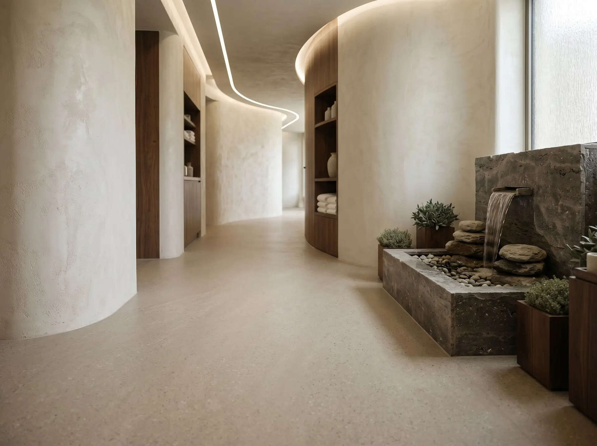 Seamless welded commercial vinyl flooring in a luxury hotel spa corridor in Dubai