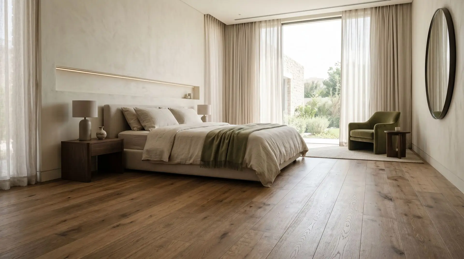Warm wood-look flooring in a serene luxury Dubai master bedroom