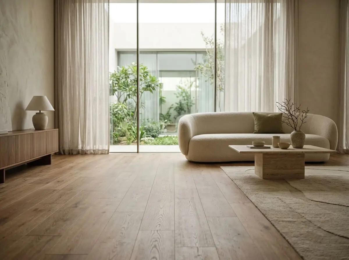 Wide-plank wood-look LVT flooring in a luxury Dubai villa living room