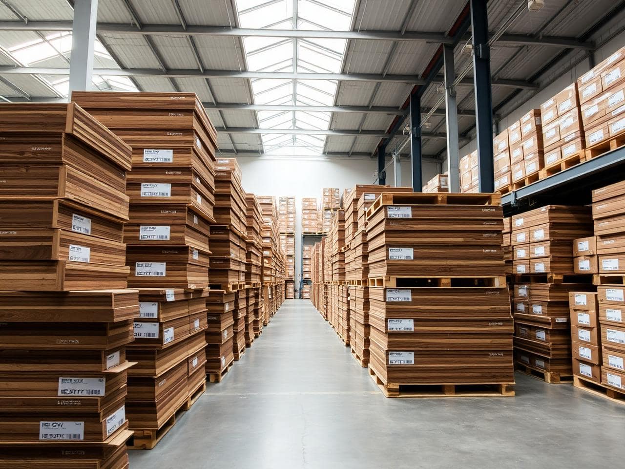 LVT and SPC flooring boxes on pallets in the Azeemah Floors UAE warehouse