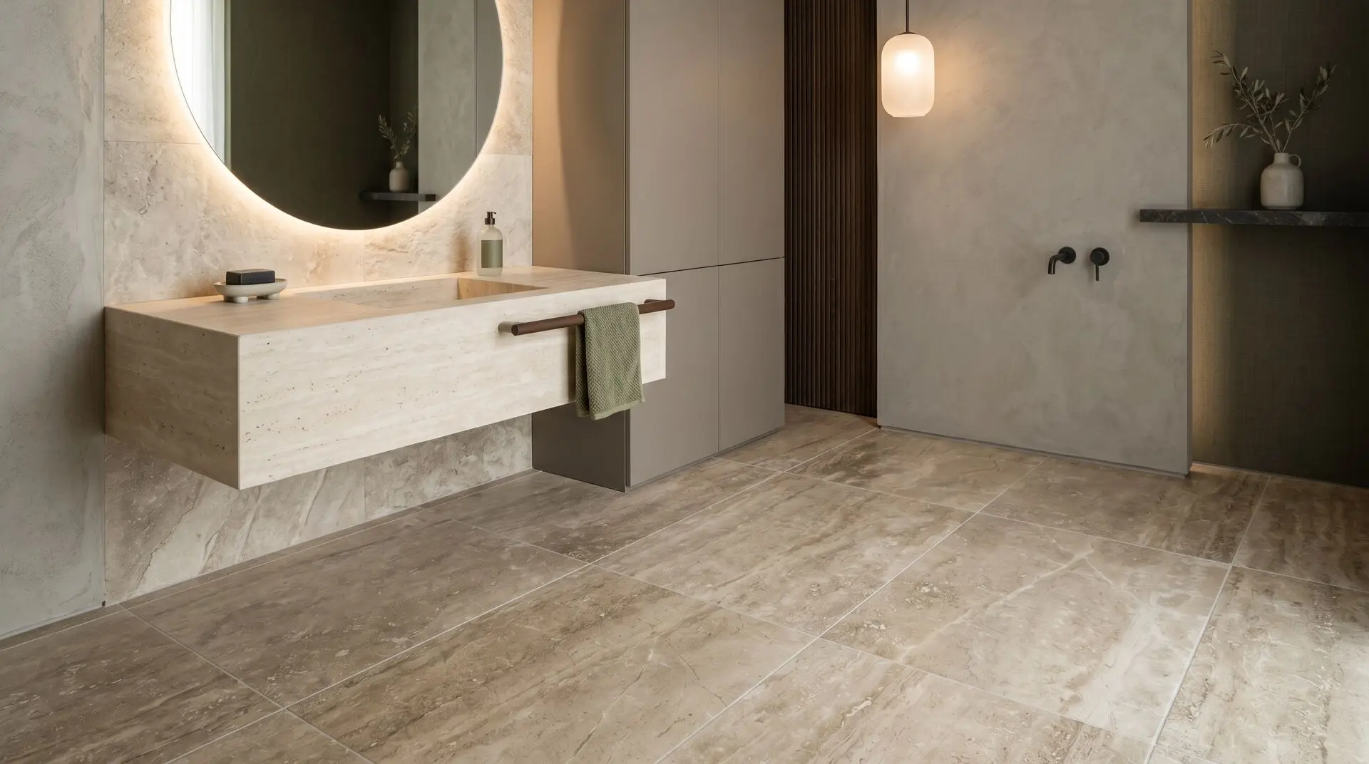 Large-format stone-look flooring in a luxury Dubai bathroom